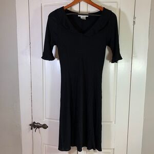 Evan-Picone Black Knit Midi Dress Small Ruffle‎ Collar Fit & Flare Peter Pan LBD